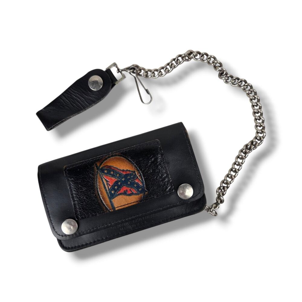 Genuine Black Leather Wallet Chain Flag Stars and Bars Southern Pride Culture - Picture 2 of 11